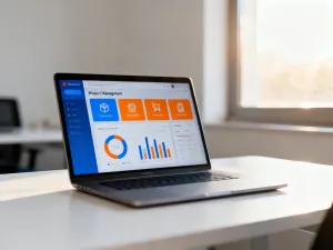 Dwa laptopy z wykresami e-commerce na biurku, symbolizujące porównanie platform Shoper i Shopify dla dropshippingu.