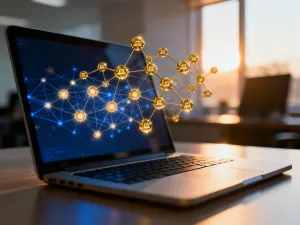 Laptop z ikoną tarczy na ekranie, symbolizujący bezpieczeństwo konta reklamowego w profesjonalnym biurze.