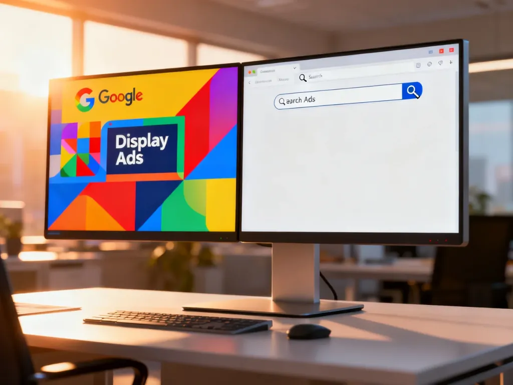 Nowoczesne stanowisko pracy z monitorem przedstawiającym porównanie graficznych reklam Display oraz wyszukiwarkowych Search.