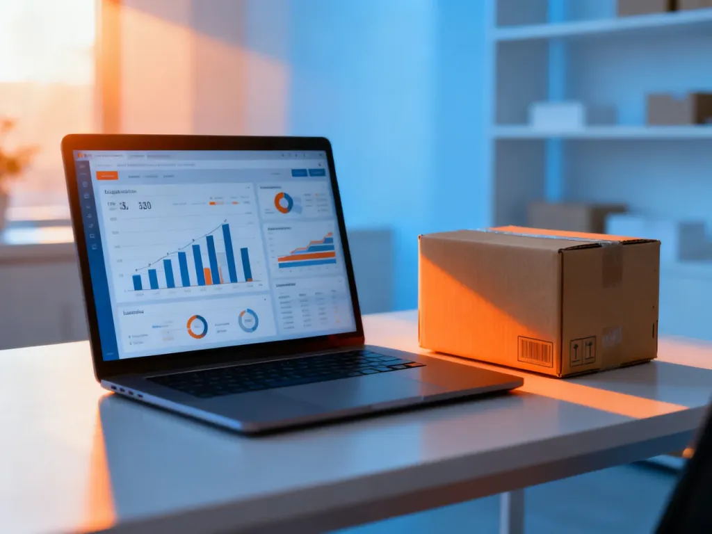 Biurko z laptopem wyświetlającym wykresy logistyczne i kartonem, symbolizujące prowadzenie biznesu w modelu dropshipping.