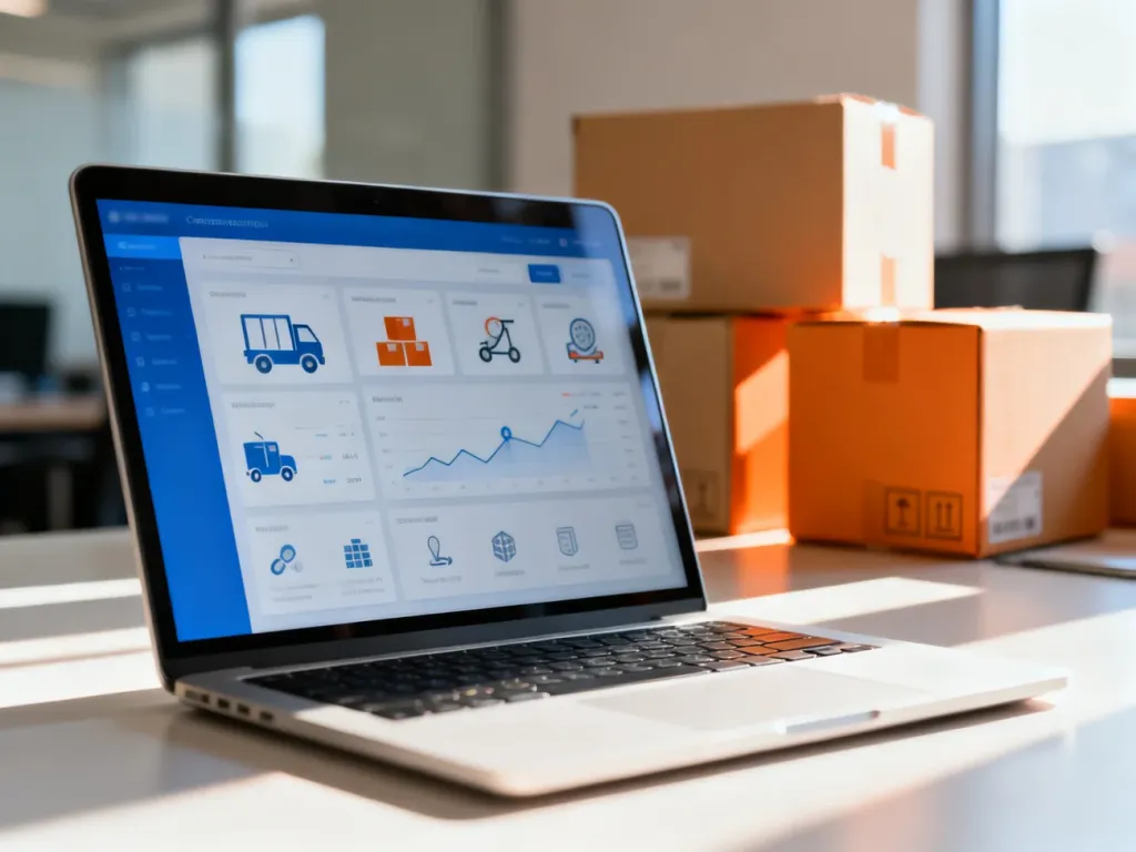 Ekran laptopa z panelem e-commerce oraz ikonami logistyki, symbolizujący profesjonalne prowadzenie sprzedaży w dropshippingu.