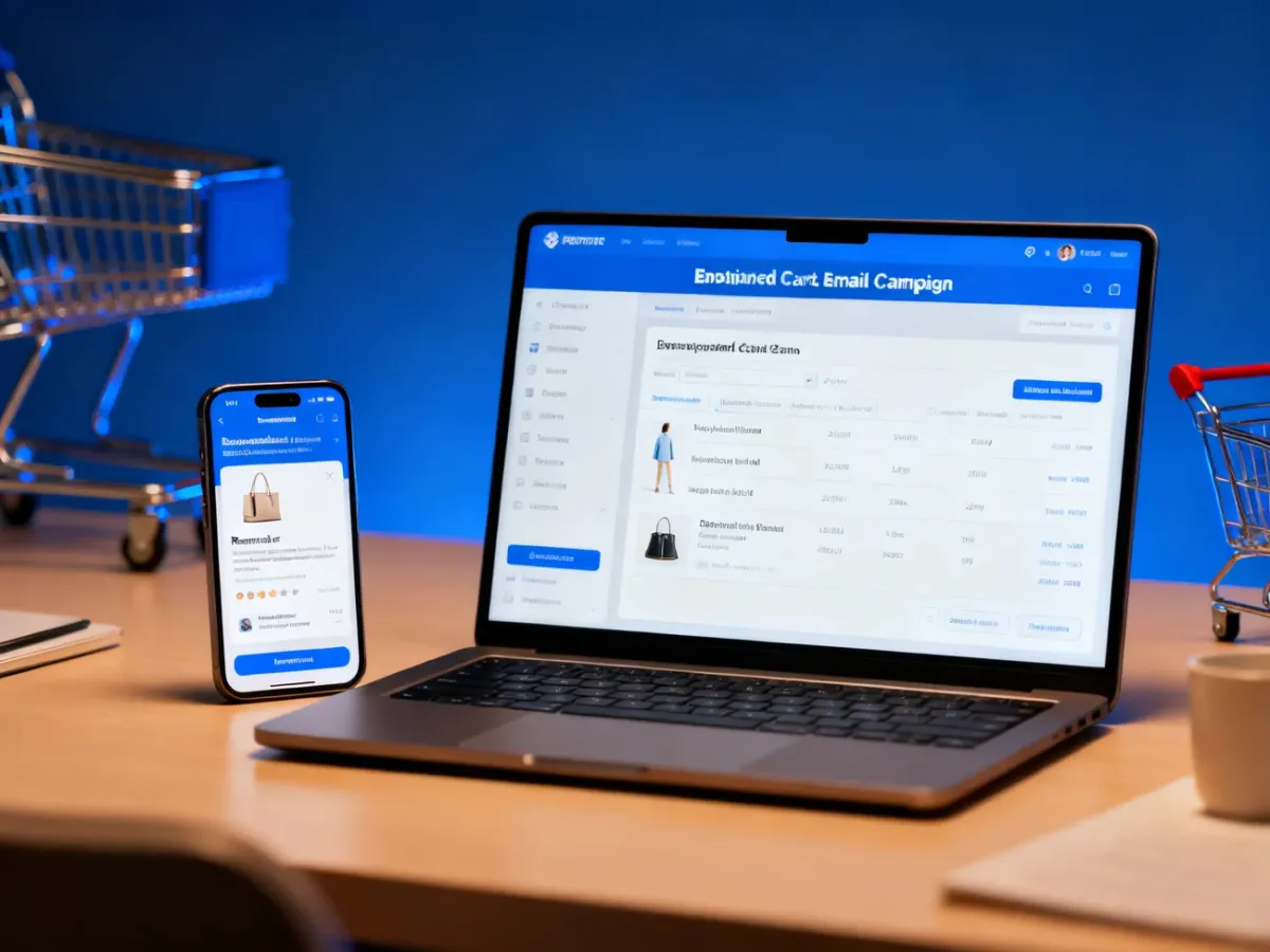 Laptop and smartphone illustrating an automated abandoned-cart email sequence