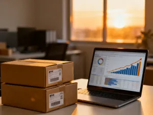 Nowoczesny magazyn logistyczny z paczką gotową do wysyłki, ilustrujący proces realizacji zamówień w dropshippingu.