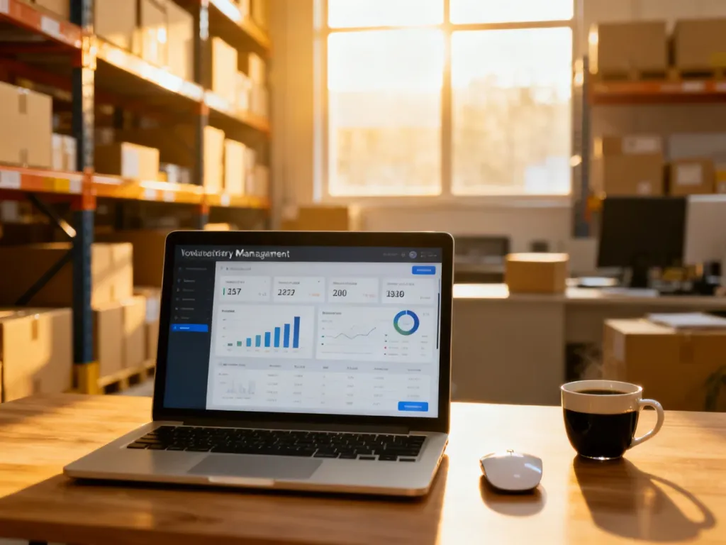 Nowoczesne stanowisko pracy z panelem zarządzania zapasami na ekranie laptopa w otoczeniu magazynowym.