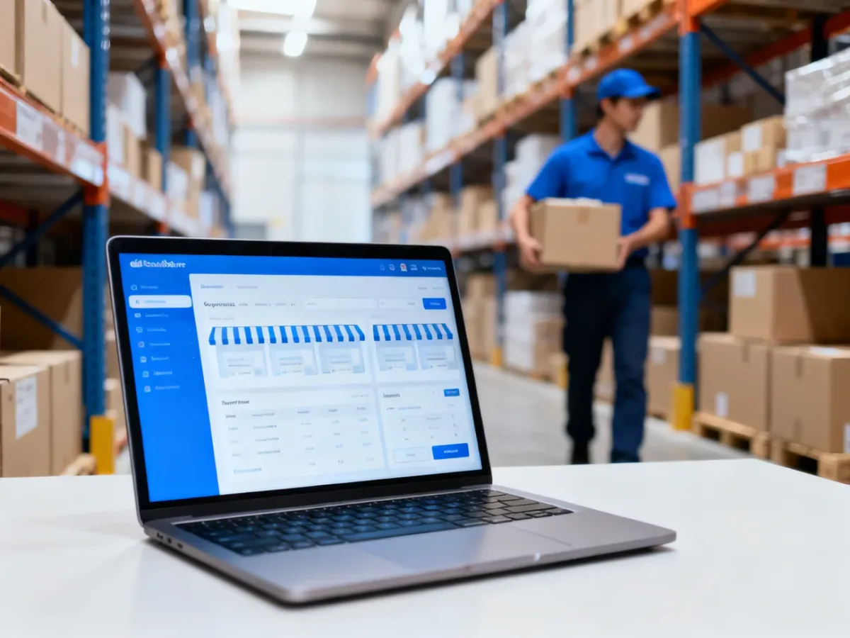 Laptop with an online store dashboard connected to a warehouse and delivery process