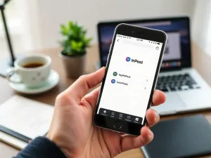 Nowoczesny magazyn z kartonami oraz laptop z grafiką przedstawiającą cyfrowe połączenie sklepu z hurtownią dropshippingową.