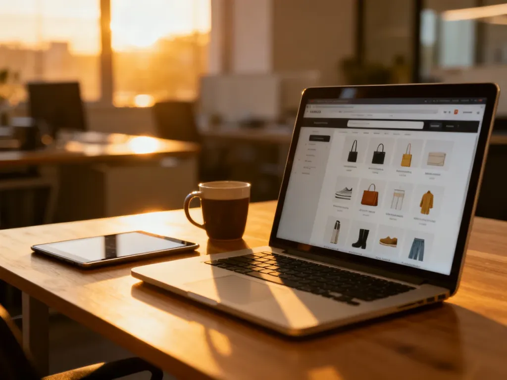Nowoczesne stanowisko pracy z laptopem wyświetlającym interfejs sklepu internetowego, idealne do dropshippingu.