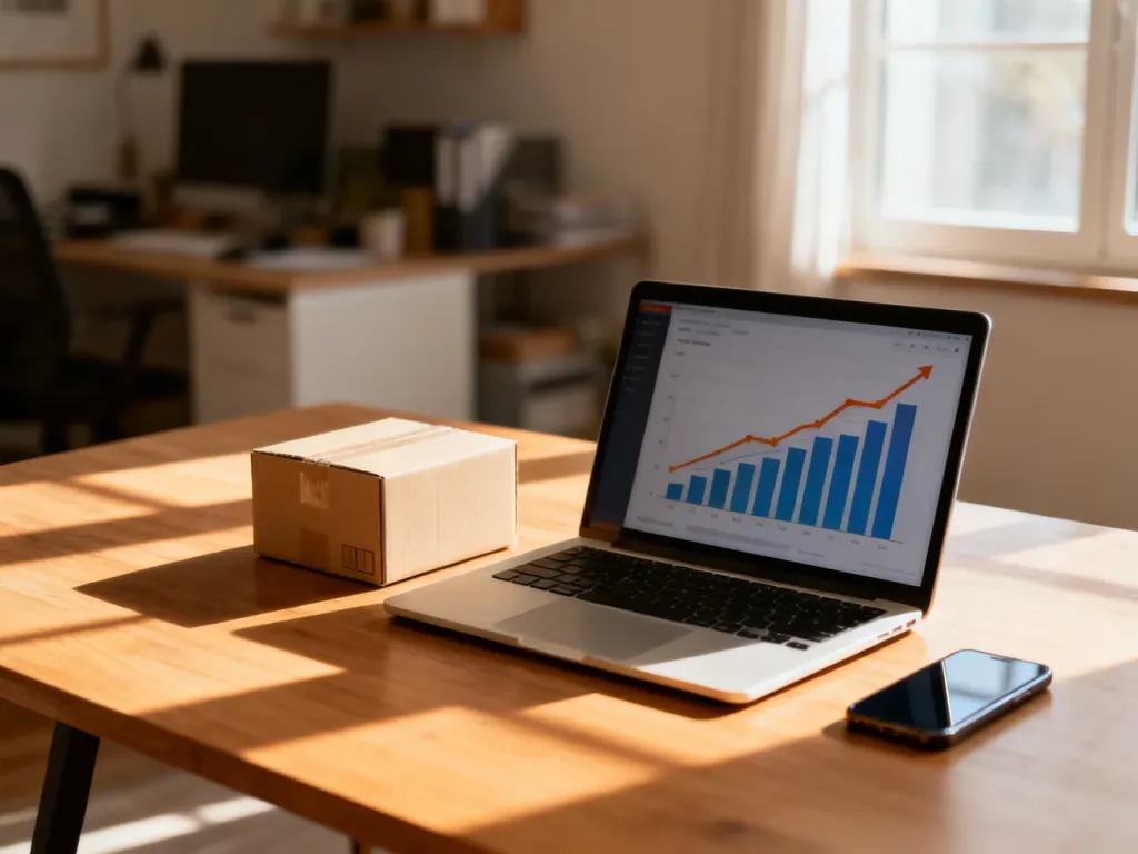 Minimalistyczne biurko z laptopem pokazującym wykres wzrostu, smartfonem i paczką, symbolizujące rozwój sklepu dropshipping.