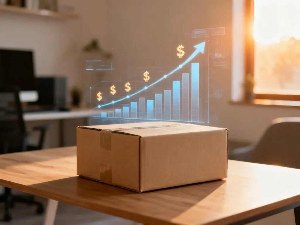 Kartonowe pudełko na biurku z cyfrowymi wykresami finansowymi, symbolizujące logistykę i zyski w dropshippingu na Allegro.