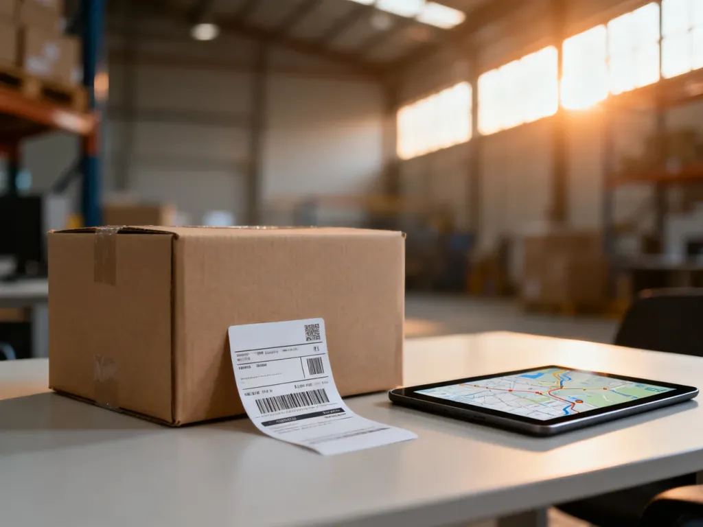 Kartonowe pudełko z etykietą wysyłkową i tablet z mapą logistyczną na biurku, symbolizujące proces dostawy w dropshippingu.