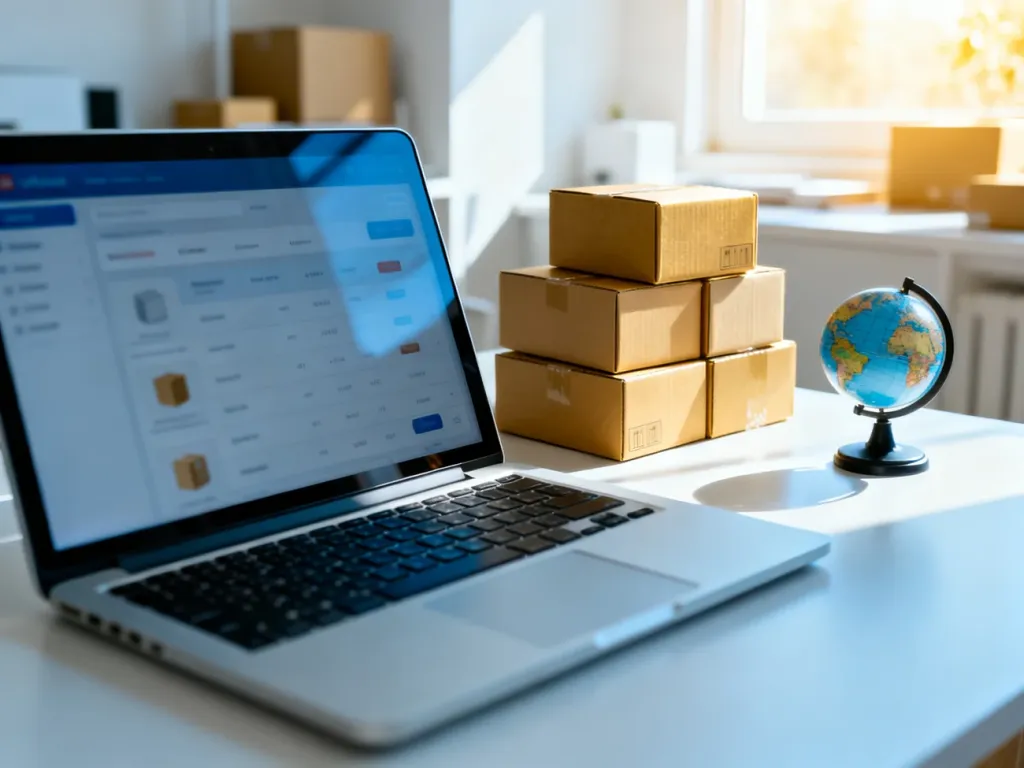 Minimalistyczne biuro z laptopem wyświetlającym panel e-commerce, pudełkami wysyłkowymi i globusem.