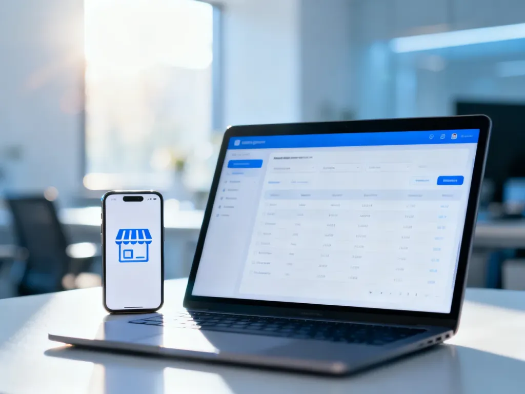 Nowoczesny laptop z panelem e-commerce oraz smartfon na biurku, symbolizujące zarządzanie sprzedażą dropshippingową.