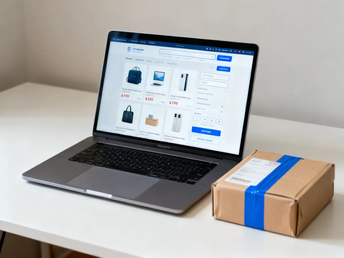 Laptop with an online marketplace listing and a package on a desk
