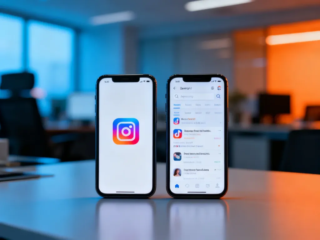 Dwa smartfony z ikonami mediów społecznościowych i wyszukiwarki, symbolizujące wybór między reklamą na Instagramie a Google.