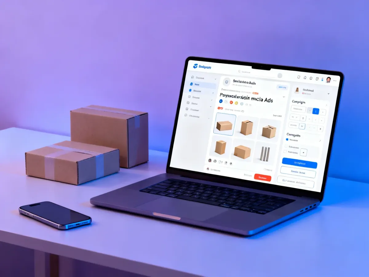 Laptop with a generic social media advertising dashboard beside ecommerce products