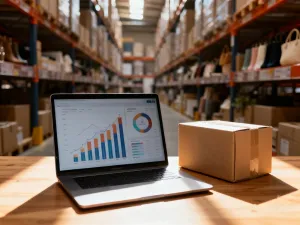 Smartfon z powiadomieniem o opóźnionej dostawie na tle magazynu, ilustrujący problemy logistyczne w dropshippingu.