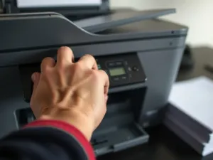Tablet z wykresem synchronizacji danych na tle uporządkowanych regałów magazynowych, ilustrujący zarządzanie stanami.