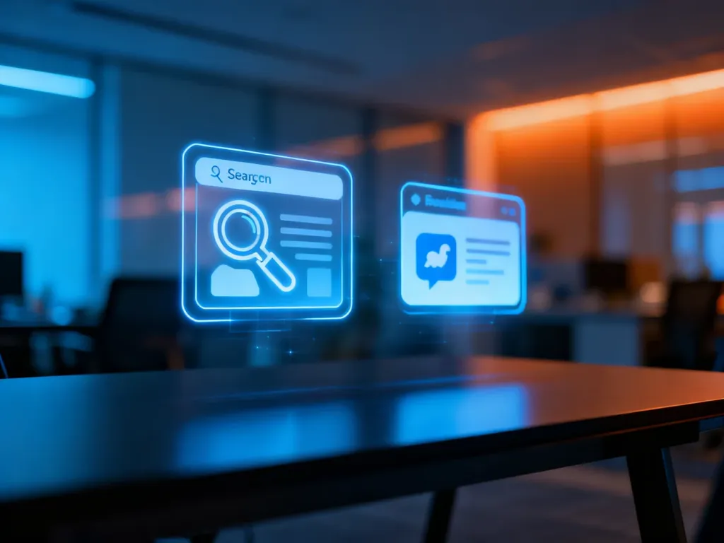 Holograficzne ikony wyszukiwarki i mediów społecznościowych nad biurkiem, symbolizujące strategię marketingu e-commerce.