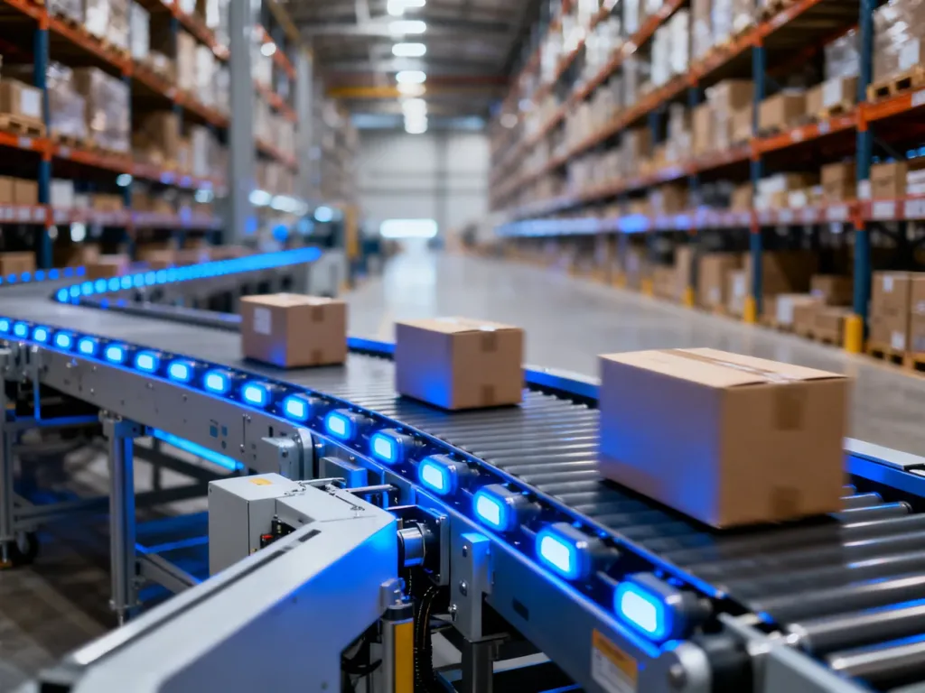 Zautomatyzowany system taśmociągów w nowoczesnym magazynie, symbolizujący płynny proces realizacji zamówień.