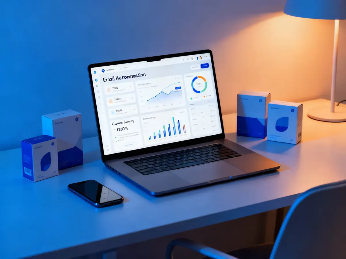 Laptop z panelem automatyzacji email marketingu w otoczeniu paczek i telefonu