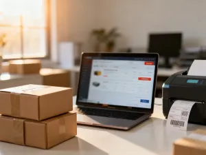 Elegancka biżuteria na marmurowym blacie w otoczeniu pudełek wysyłkowych, ilustrująca ofertę hurtowni dropshippingowej.