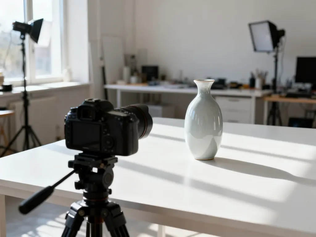 Profesjonalne stanowisko do fotografii produktowej z aparatem na statywie skierowanym na ceramiczny wazon.