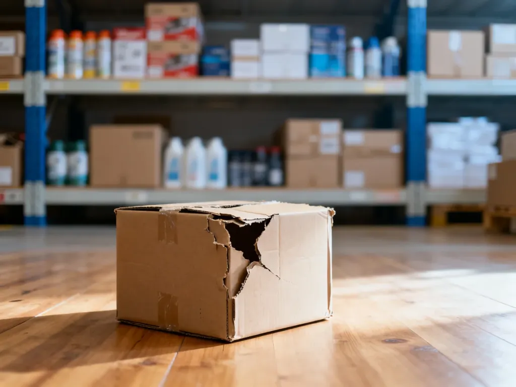 Uszkodzony karton przesyłkowy na podłodze magazynu, symbolizujący problem z reklamacją towaru w dropshippingu.