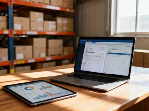 Tablet z wykresem spadkowej sprzedaży oraz karton odsuwany z biurka, symbolizujące usuwanie nierentownych produktów.