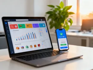 Nowoczesny laptop i smartfon z interfejsem sklepu internetowego oraz śledzeniem przesyłek w jasnym biurze.