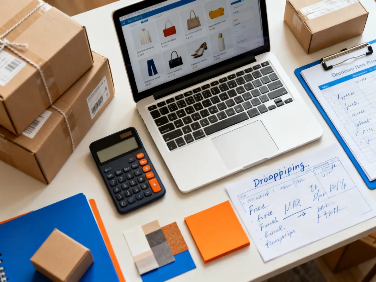 Biurko sprzedawcy dropshippingu z laptopem, paczkami i akcesoriami do kalkulacji kosztów