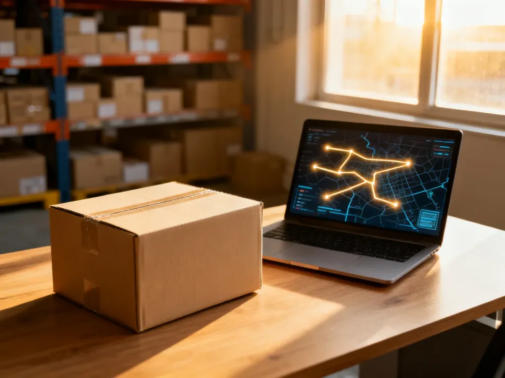 Kartonowe pudełko i laptop z mapą tras dostaw na biurku, symbolizujące profesjonalne zarządzanie logistyką w dropshippingu.