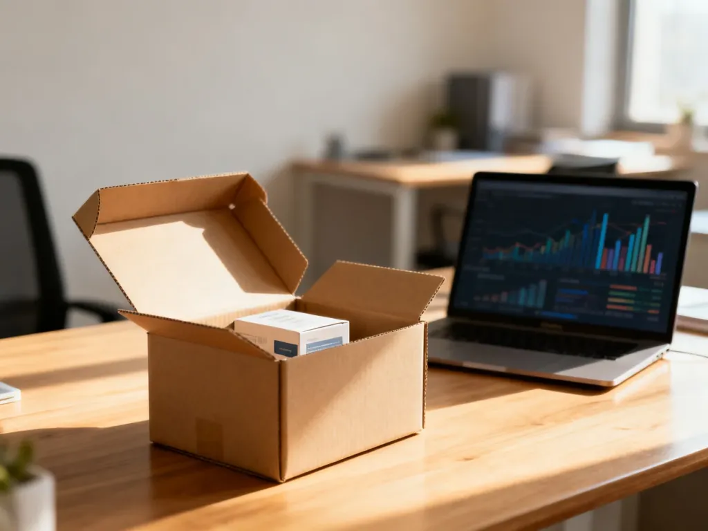 Otwarte pudełko wysyłkowe na biurku z laptopem, symbolizujące proces logistyczny w e-commerce.