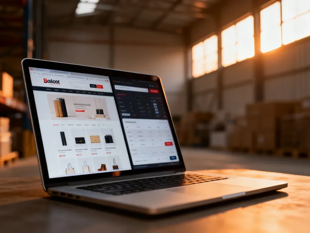 Nowoczesny laptop z porównaniem interfejsu sklepu internetowego i marketplace’u na tle minimalistycznego magazynu.