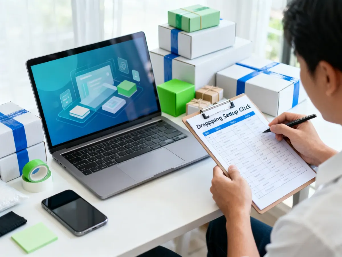 Store owner checking a dropshipping setup beside products and shipping boxes