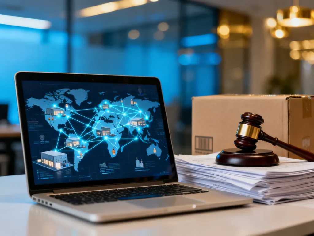 Laptop z mapą logistyczną, dokumenty prawne i paczka symbolizujące kwestie prawne w dropshippingu na marketplace'ach.