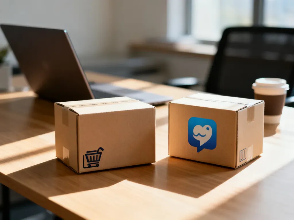Dwa kartony wysyłkowe na biurku, symbolizujące wybór między sklepem e-commerce a platformą społecznościową.