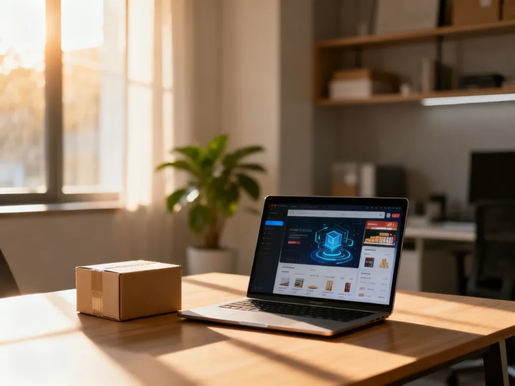 Nowoczesne biurko z laptopem i paczką, symbolizujące proces sprzedaży w modelu dropshipping na Allegro.