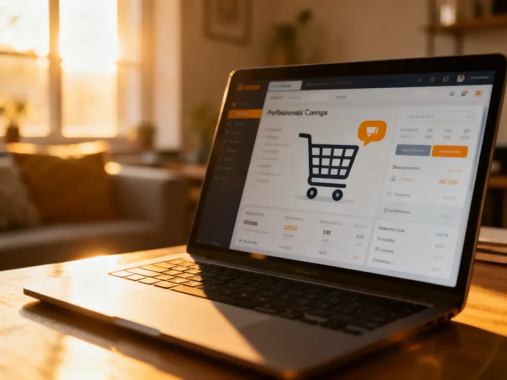 Ekran laptopa z panelem e-commerce i ikoną koszyka, symbolizujący zarządzanie porzuconymi zamówieniami w sklepie online.
