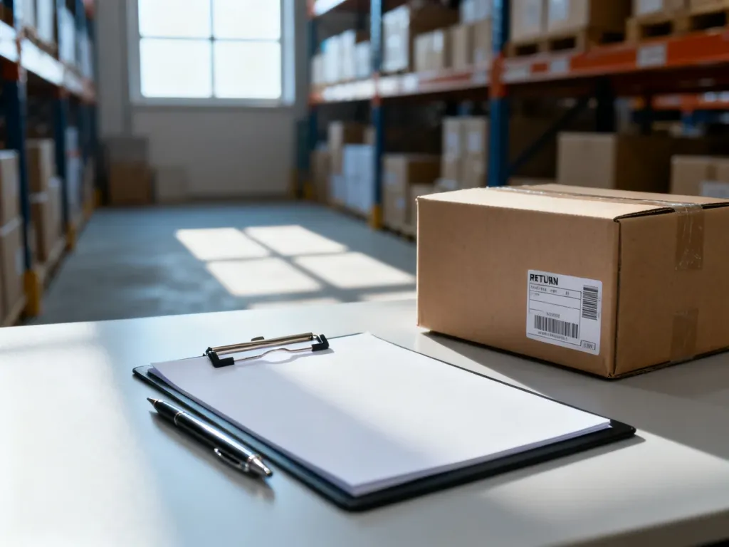 Biurko w magazynie logistycznym z dokumentami i paczką gotową do zwrotu, symbolizujące proces obsługi reklamacji w dropshippingu.