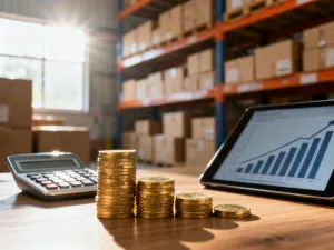 Minimalistyczne biurko z tabletem wyświetlającym wykres sprzedaży oraz stosy kartonów, symbolizujące logistykę w dropshippingu.