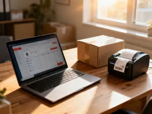 Nowoczesne stanowisko pracy z laptopem wyświetlającym panel zarządzania sklepem e-commerce i powiadomieniem o sprzedaży.