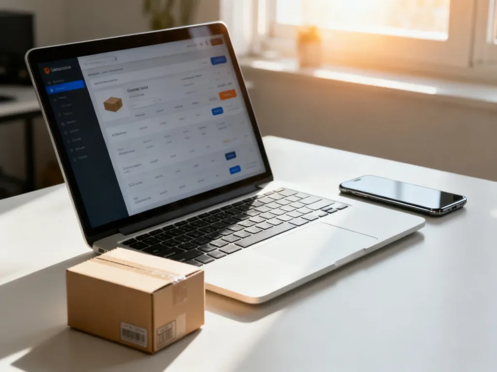 Minimalistyczne biurko z laptopem wyświetlającym panel sklepu internetowego oraz pudełkiem przesyłki, symbolizujące dropshipping.