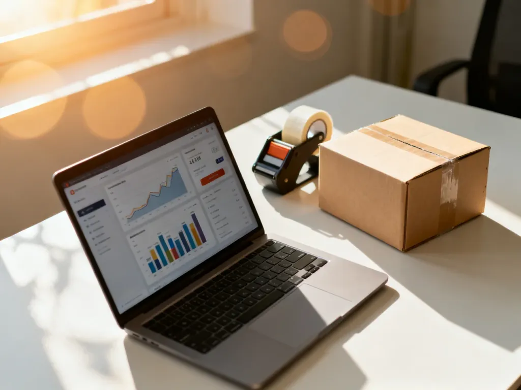 Nowoczesne stanowisko pracy z laptopem wyświetlającym panel e-commerce oraz kartonem wysyłkowym, symbolizujące prowadzenie dropshippingu.