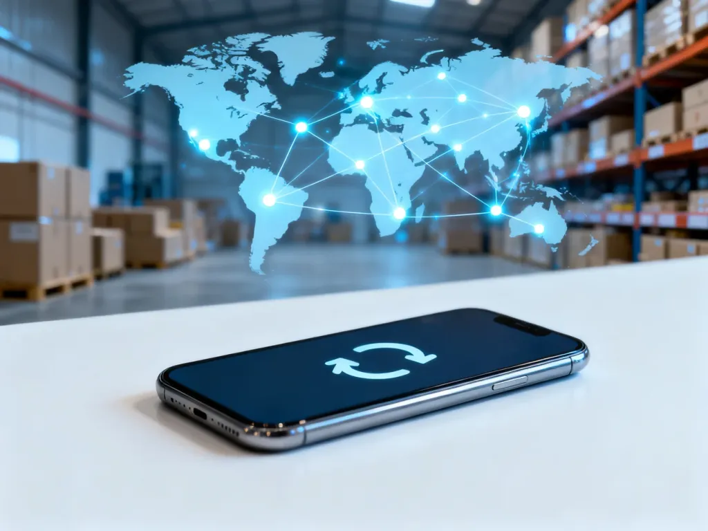 Smartfon z ikoną synchronizacji na tle sieci logistycznej, symbolizujący integrację dostawcy z platformą marketplace.