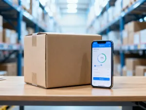 Nowoczesny magazyn z uporządkowanymi paczkami i tabletem z panelem logistycznym, symbolizujący sprawny proces dropshippingu.