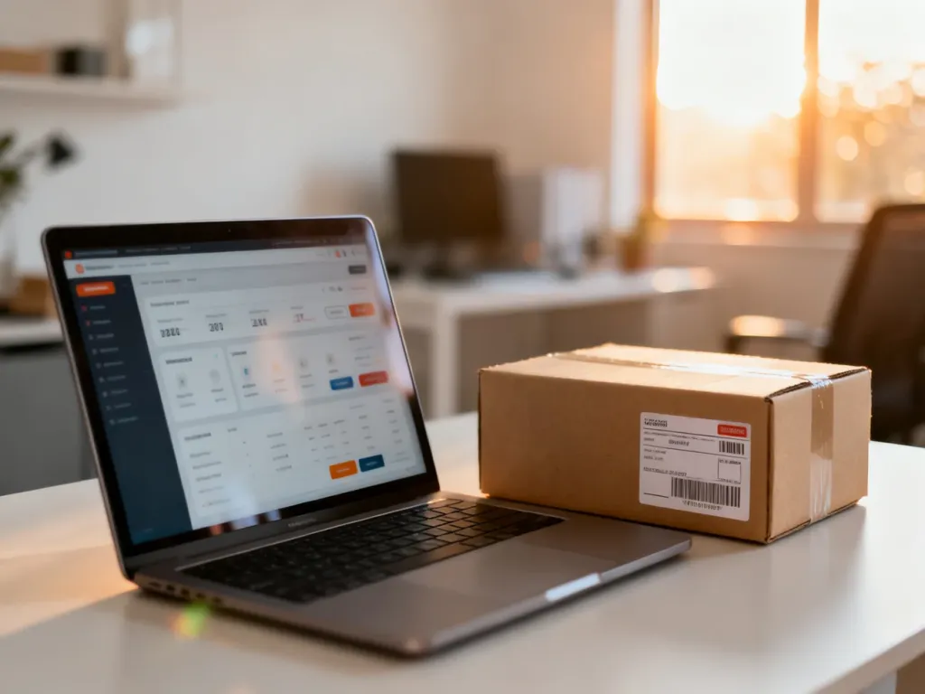 Nowoczesne stanowisko pracy z laptopem i paczką gotową do wysyłki, symbolizujące proces dropshippingu.