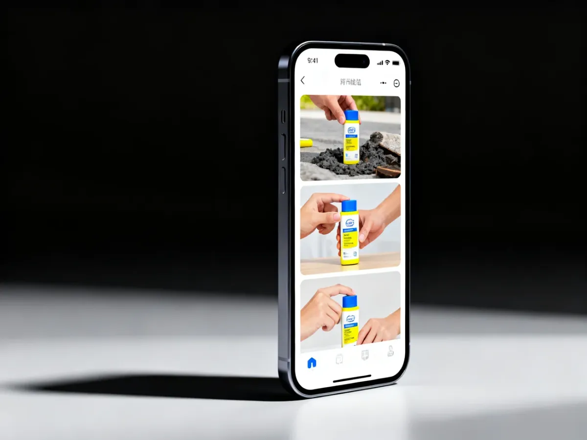 Telefon z wizualną sekwencją reklamy pokazującą problem, produkt i efekt