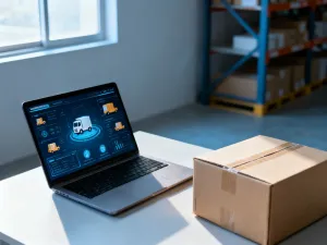Nowoczesne stanowisko pracy z laptopem wyświetlającym panel logistyczny oraz kartonowe pudełko gotowe do wysyłki.
