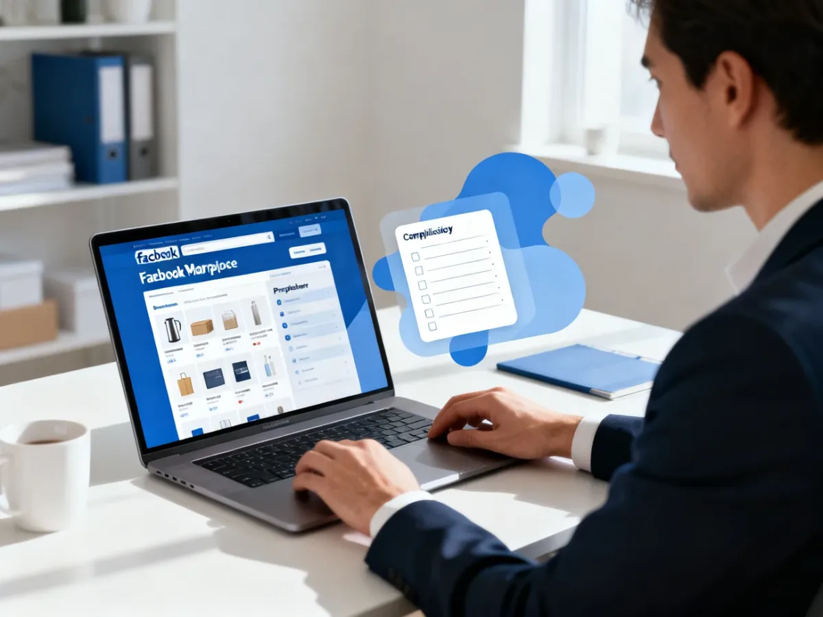 Sprzedawca sprawdzający zasady sprzedaży na Facebook Marketplace na laptopie
