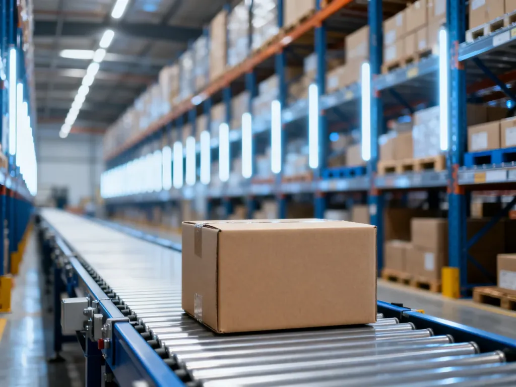 Nowoczesny magazyn z paczką na taśmociągu, gotową do szybkiej wysyłki w modelu dropshipping.